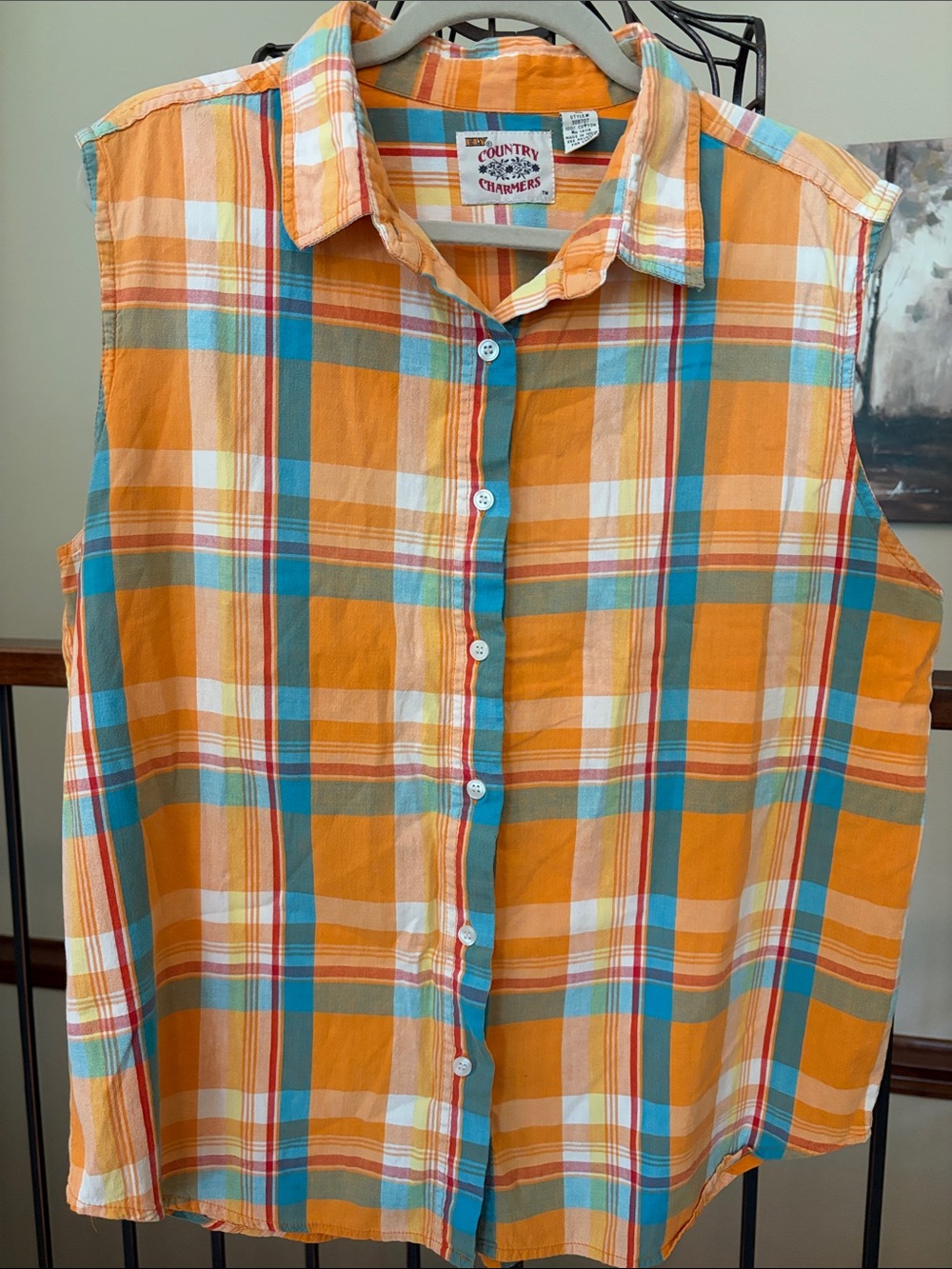 Vintage Country Charmer 100% Cotton Sleeveless Plaid Shirt Size XL